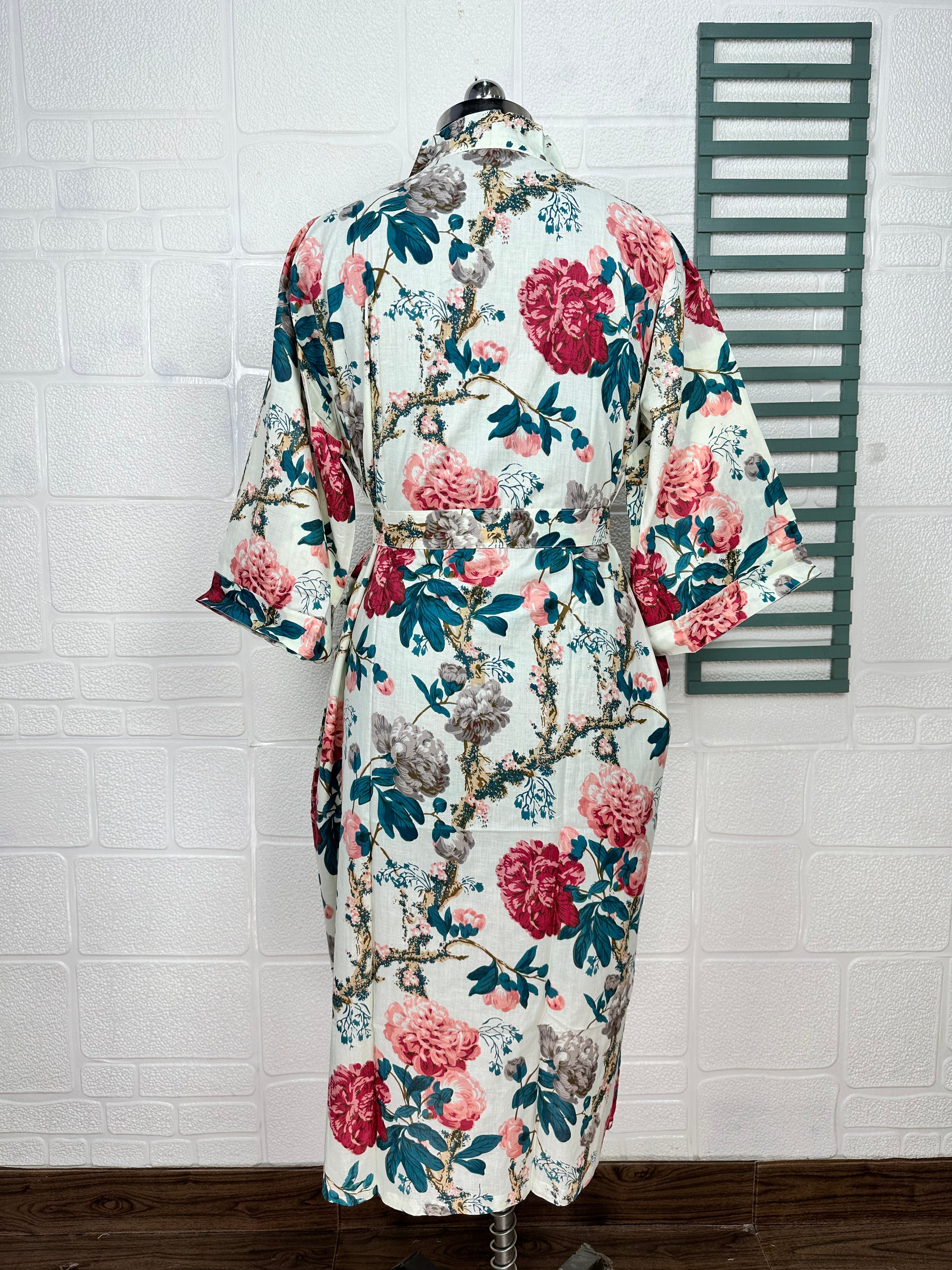 Handprinted Cotton Kimono Robe: Floral Boho Beach Cover-Up