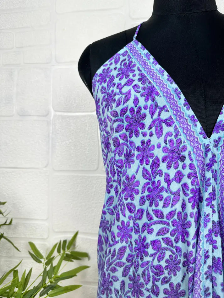 Boho New Silk Magic Summer Maxi Halter Dress | Floral Blue Purple