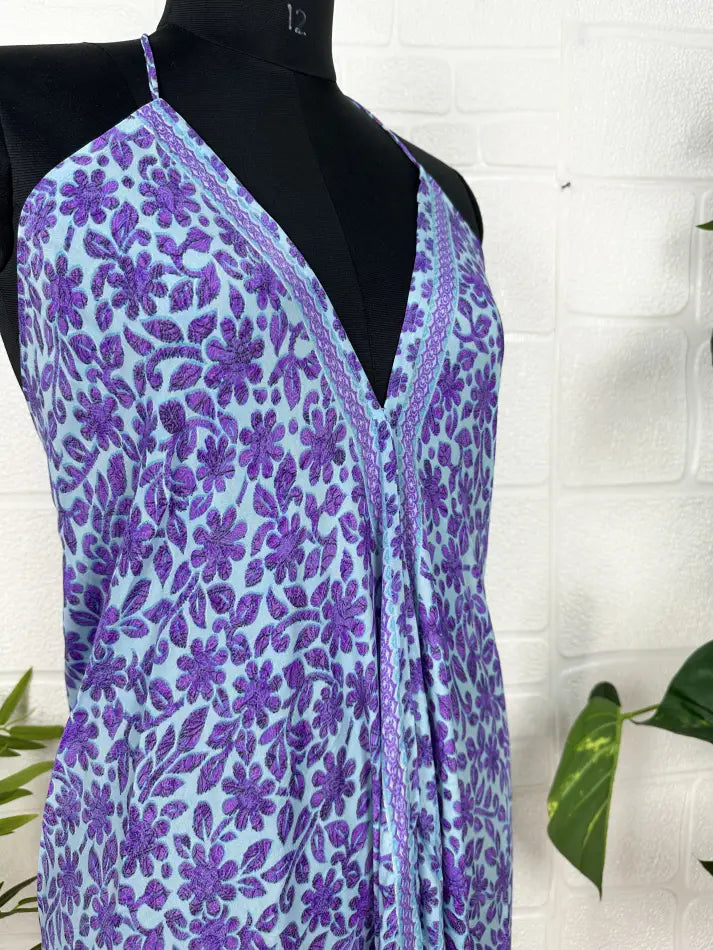 Boho New Silk Magic Summer Maxi Halter Dress | Floral Blue Purple
