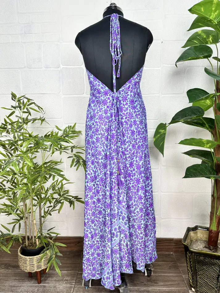 Boho New Silk Magic Summer Maxi Halter Dress | Floral Blue Purple