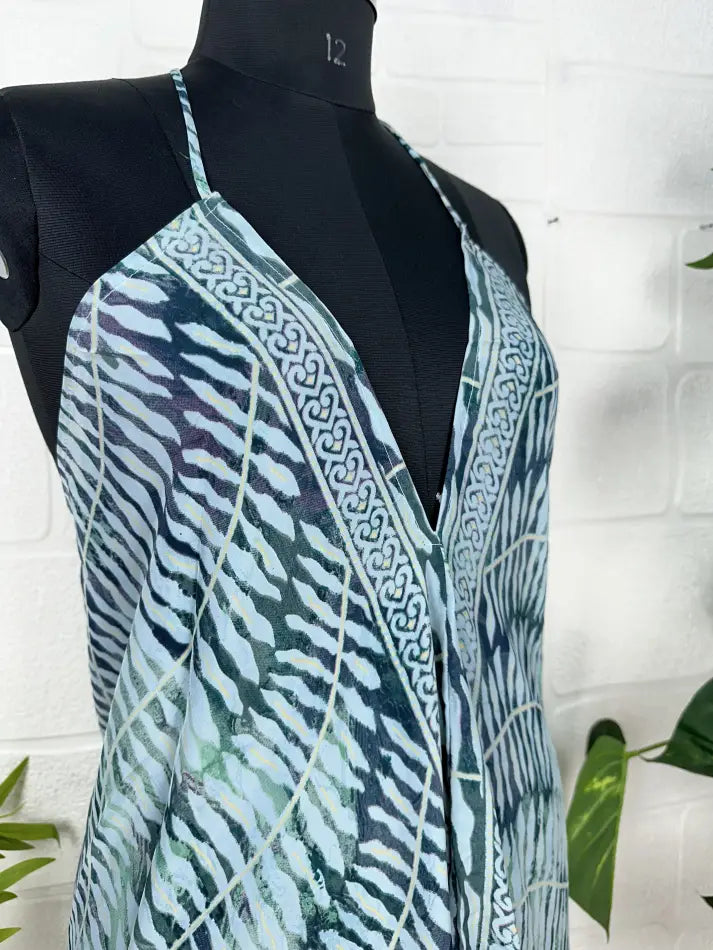 Boho New Silk Magic Summer Maxi Halter Dress | Leaf Blue Black