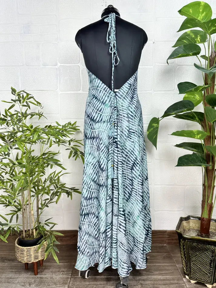 Boho New Silk Magic Summer Maxi Halter Dress | Leaf Blue Black