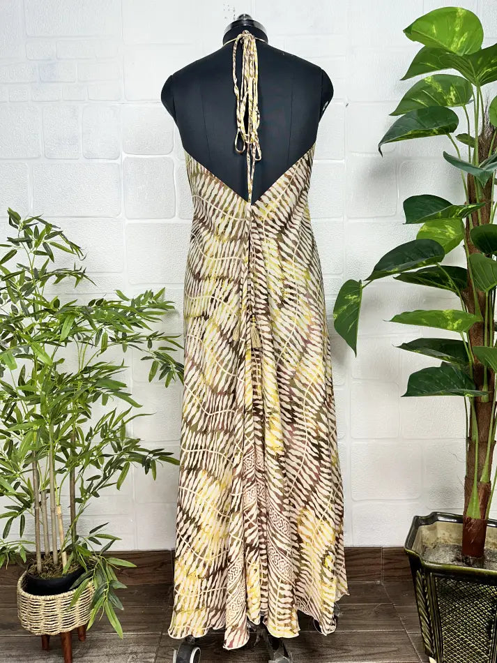 Boho New Silk Magic Summer Maxi Halter Dress | Leaf Beige Brown