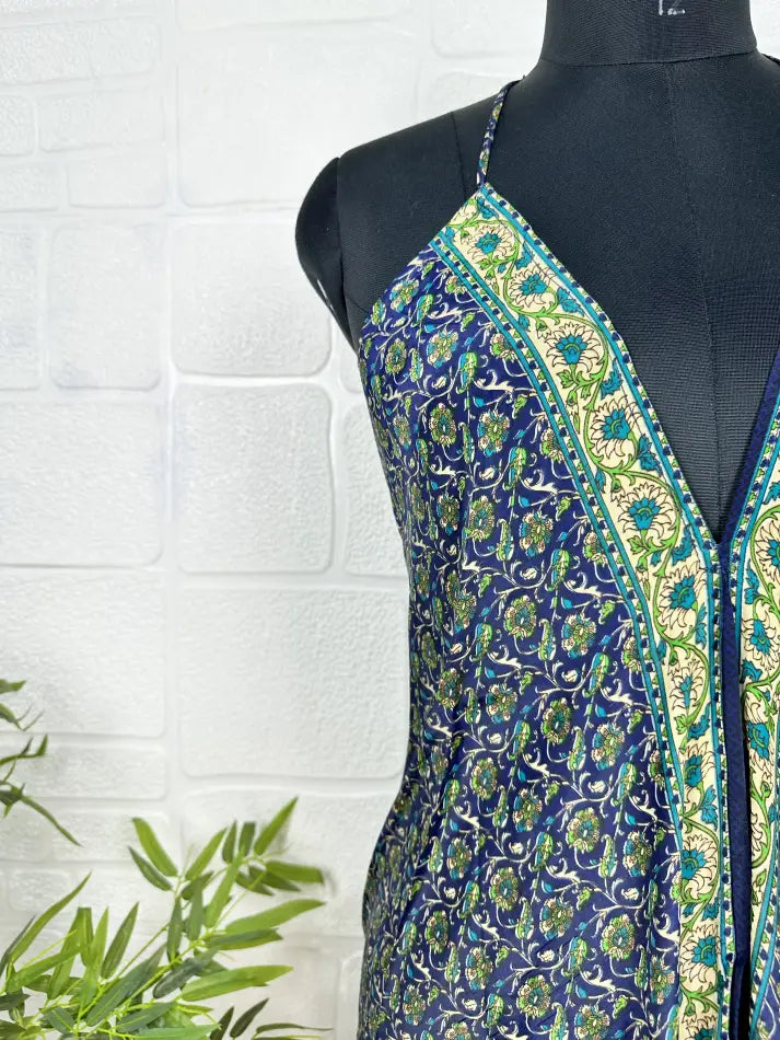 Boho New Silk Magic Summer Maxi Halter Dress | Floral Blue Green
