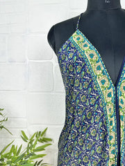 Boho New Silk Magic Summer Maxi Halter Dress | Floral Blue Green