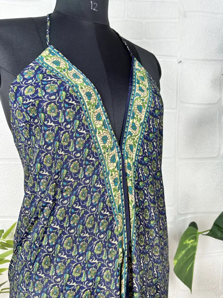 Boho New Silk Magic Summer Maxi Halter Dress | Floral Blue Green