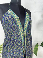 Boho New Silk Magic Summer Maxi Halter Dress | Floral Blue Green