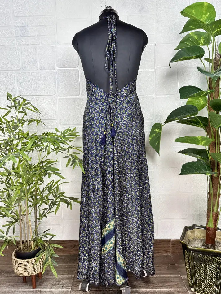 Boho New Silk Magic Summer Maxi Halter Dress | Floral Blue Green