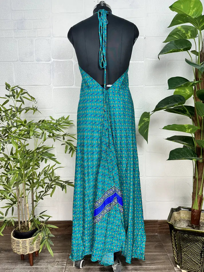 Boho New Silk Magic Summer Maxi Halter Dress | Floral Green Blue