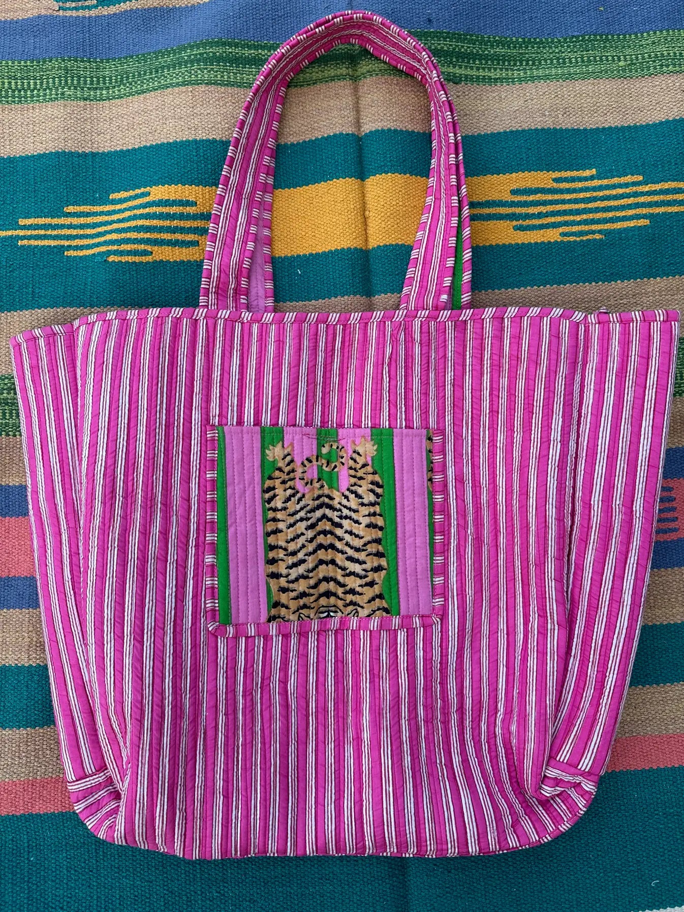 Quilted Cotton Extra Large Tote Bag, Reversible Weekender Shoulder Bag, Eco Friendly Sturdy Grocery Shopping Pink Green