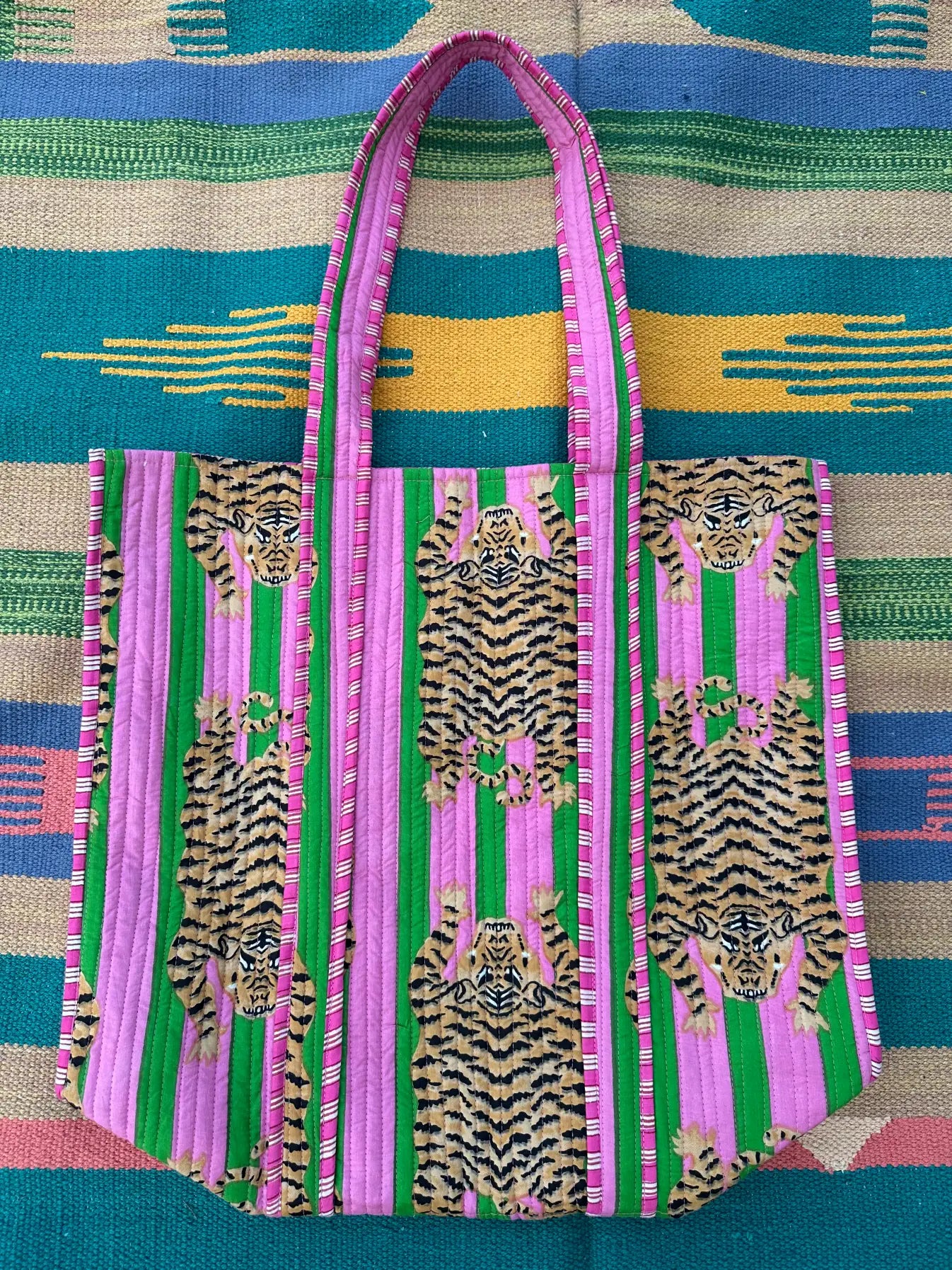 Quilted Cotton Extra Large Tote Bag, Reversible Weekender Shoulder Bag, Eco Friendly Sturdy Grocery Shopping Pink Green