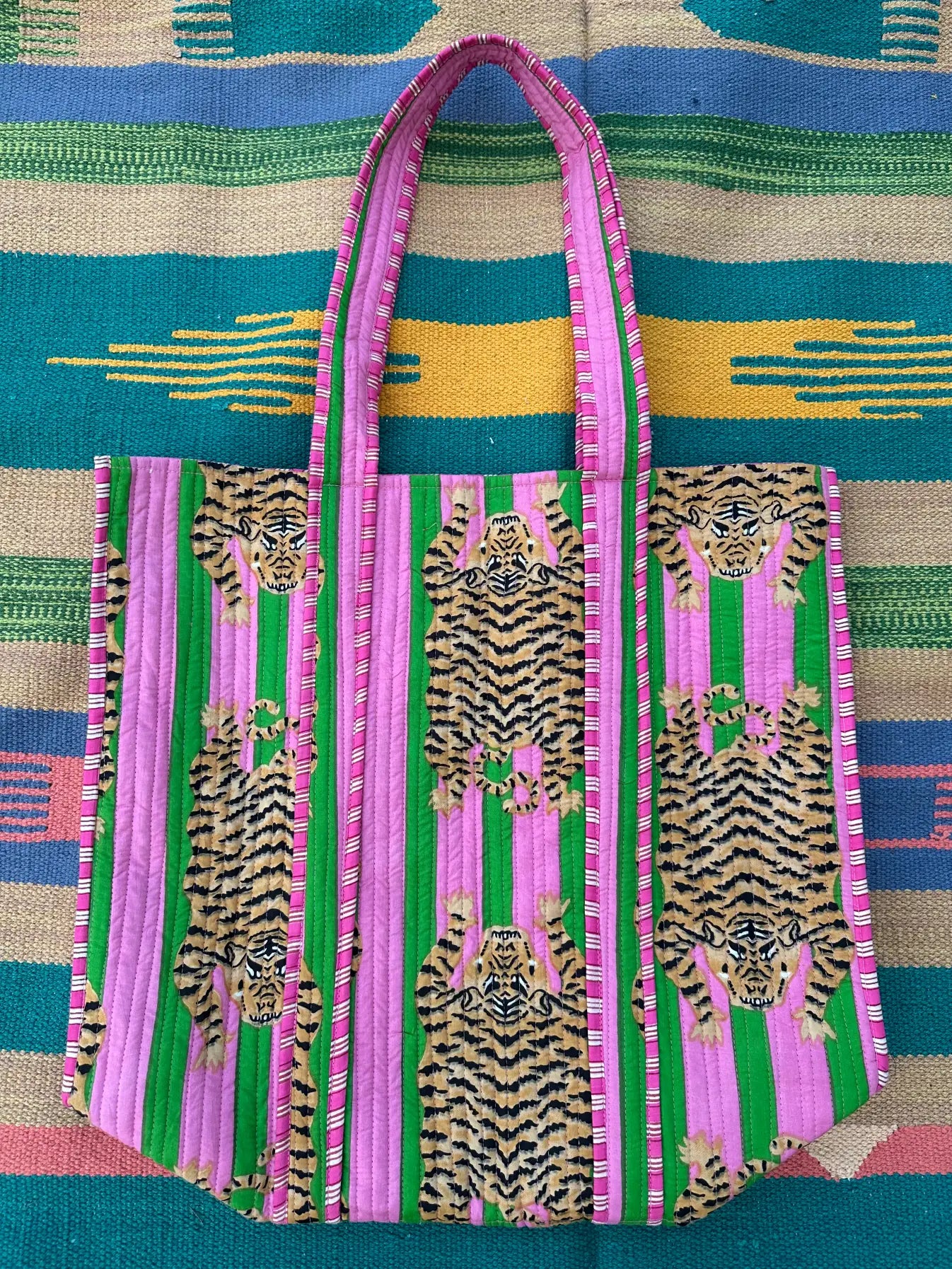 Quilted Cotton Extra Large Tote Bag, Reversible Weekender Shoulder Bag, Eco Friendly Sturdy Grocery Shopping Pink Green