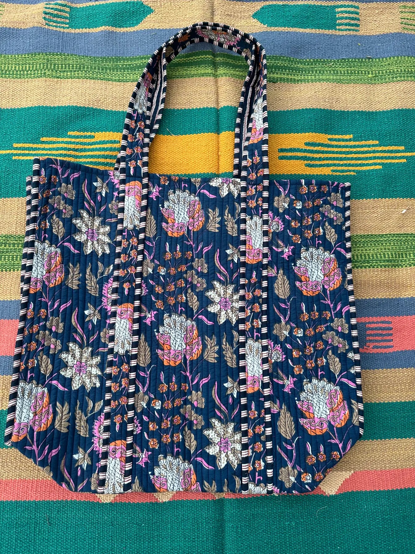 Quilted Cotton Extra Large Tote Bag, Reversible Weekender Shoulder Bag, Eco Friendly Sturdy Grocery Shopping Rich Blue