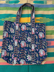 Quilted Cotton Extra Large Tote Bag, Reversible Weekender Shoulder Bag, Eco Friendly Sturdy Grocery Shopping Rich Blue