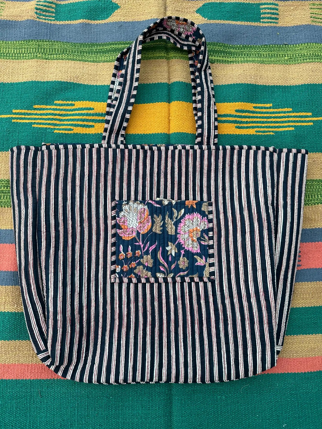 Quilted Cotton Extra Large Tote Bag, Reversible Weekender Shoulder Bag, Eco Friendly Sturdy Grocery Shopping Rich Blue