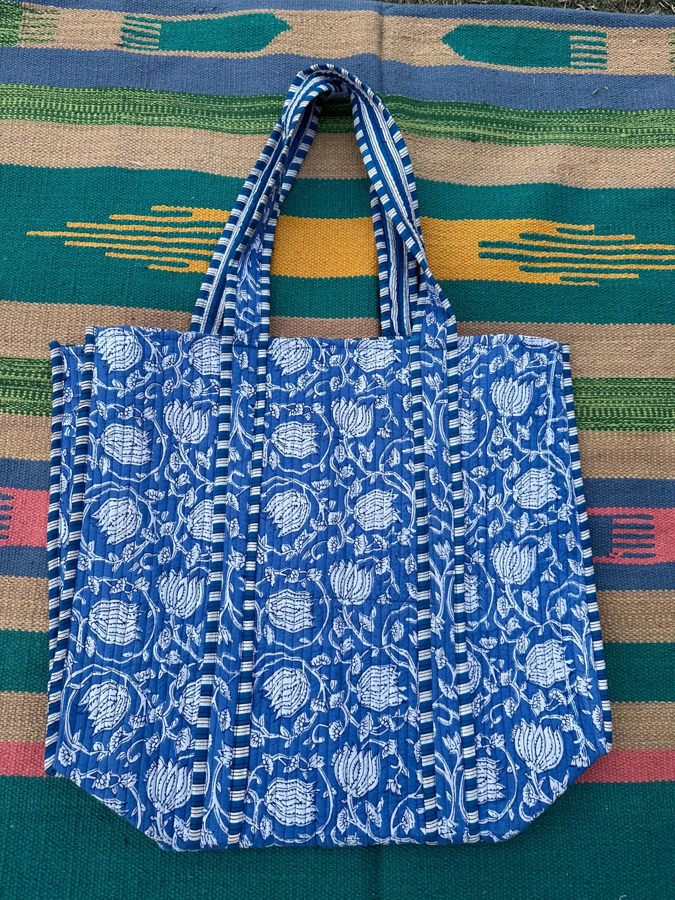 Quilted Cotton Extra Large Tote Bag, Reversible Weekender Shoulder Bag, Eco Friendly Sturdy Grocery Shopping Vibrant Blue White Lotus