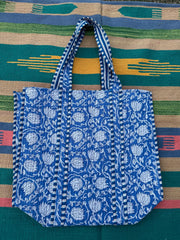 Quilted Cotton Extra Large Tote Bag, Reversible Weekender Shoulder Bag, Eco Friendly Sturdy Grocery Shopping Vibrant Blue White Lotus