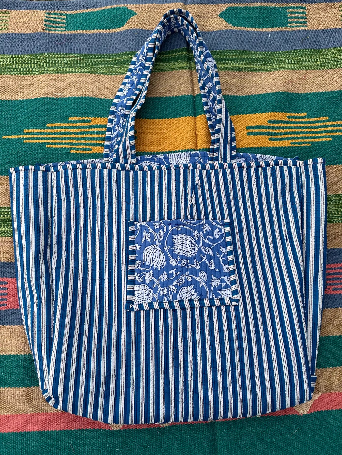 Quilted Cotton Extra Large Tote Bag, Reversible Weekender Shoulder Bag, Eco Friendly Sturdy Grocery Shopping Vibrant Blue White Lotus
