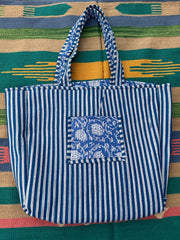 Quilted Cotton Extra Large Tote Bag, Reversible Weekender Shoulder Bag, Eco Friendly Sturdy Grocery Shopping Vibrant Blue White Lotus