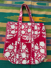 Quilted Cotton Extra Large Tote Bag, Reversible Weekender Shoulder Bag, Eco Friendly Sturdy Grocery Shopping Vibrant Red White Floral