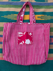 Quilted Cotton Extra Large Tote Bag, Reversible Weekender Shoulder Bag, Eco Friendly Sturdy Grocery Shopping Vibrant Red White Floral