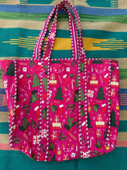 Quilted Cotton Extra Large Tote Bag, Reversible Weekender Shoulder Bag, Eco Friendly Sturdy Grocery Shopping Vibrant Pink Green Christmas Bag