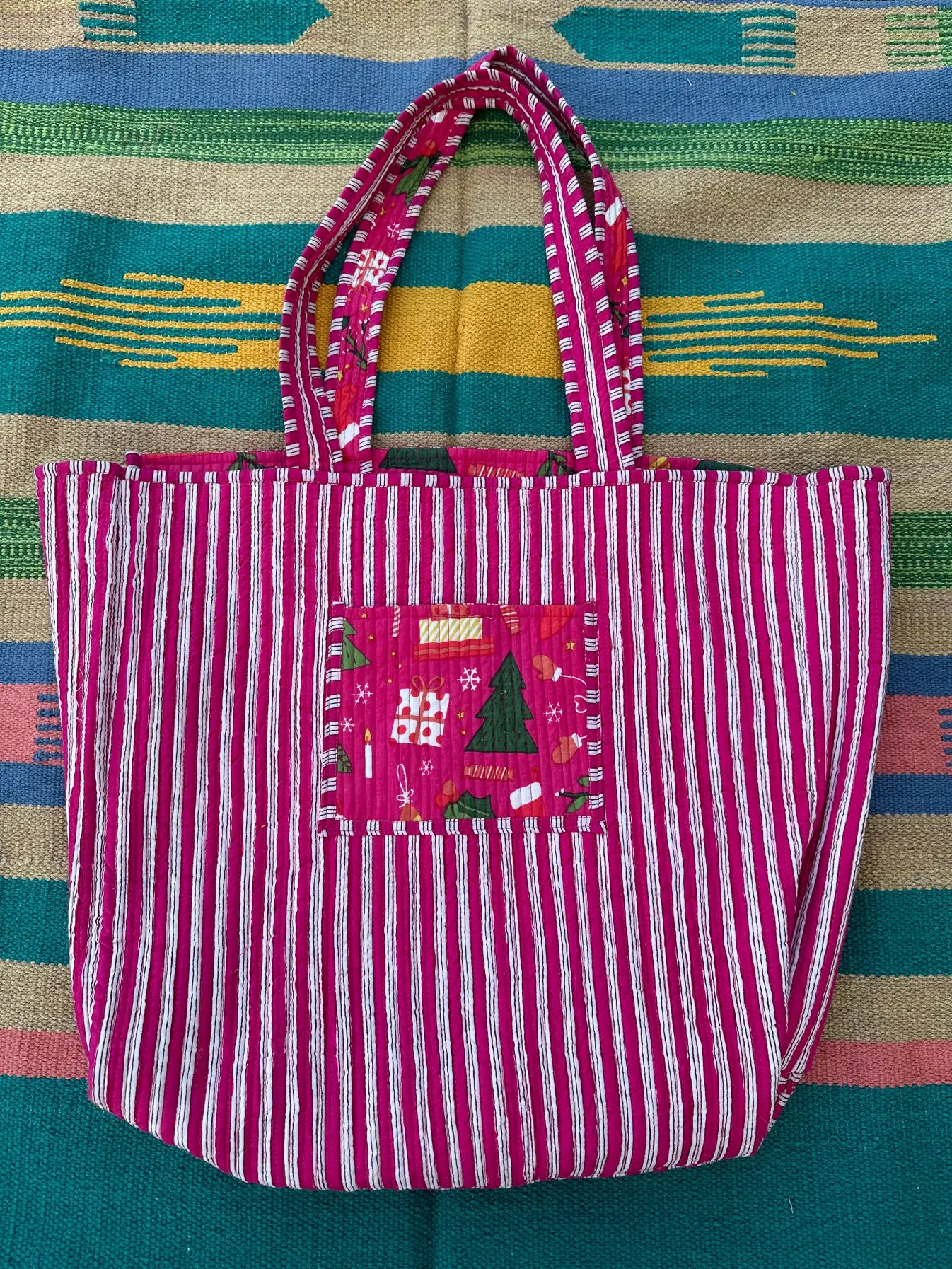 Quilted Cotton Extra Large Tote Bag, Reversible Weekender Shoulder Bag, Eco Friendly Sturdy Grocery Shopping Vibrant Pink Green Christmas Bag