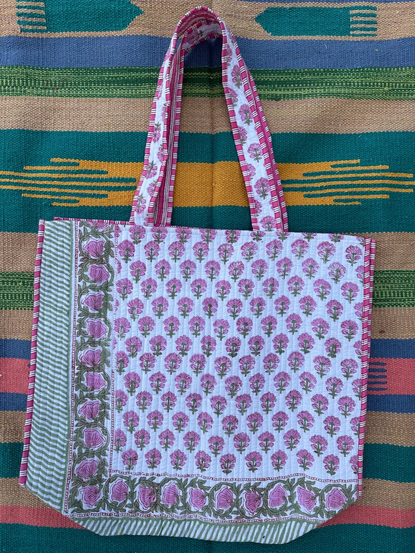 Quilted Cotton Extra Large Tote Bag, Reversible Weekender Shoulder Bag, Eco Friendly Sturdy Grocery Shopping Vibrant Mid Night Pink White