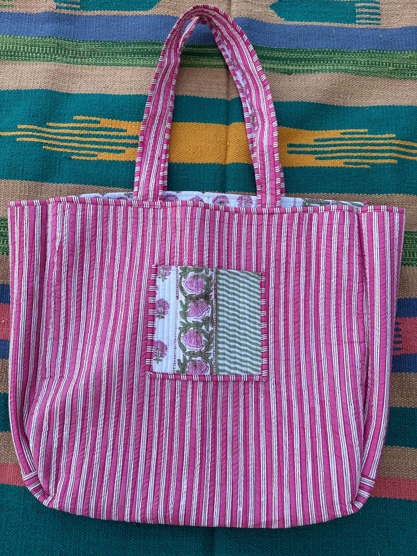 Quilted Cotton Extra Large Tote Bag, Reversible Weekender Shoulder Bag, Eco Friendly Sturdy Grocery Shopping Vibrant Mid Night Pink White