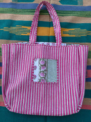 Quilted Cotton Extra Large Tote Bag, Reversible Weekender Shoulder Bag, Eco Friendly Sturdy Grocery Shopping Vibrant Mid Night Pink White
