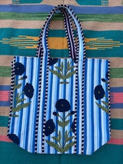 Quilted Cotton Extra Large Tote Bag, Reversible Weekender Shoulder Bag, Eco Friendly Sturdy Grocery Shopping Vibrant Elegant Blue