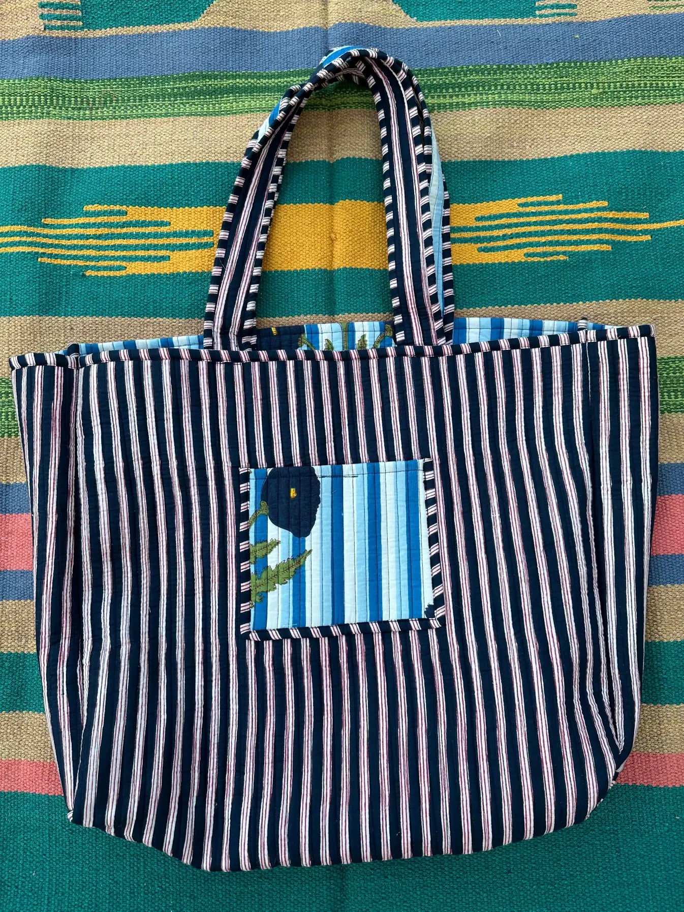 Quilted Cotton Extra Large Tote Bag, Reversible Weekender Shoulder Bag, Eco Friendly Sturdy Grocery Shopping Vibrant Elegant Blue