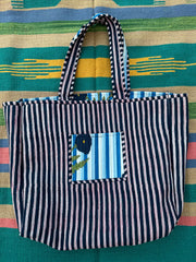 Quilted Cotton Extra Large Tote Bag, Reversible Weekender Shoulder Bag, Eco Friendly Sturdy Grocery Shopping Vibrant Elegant Blue
