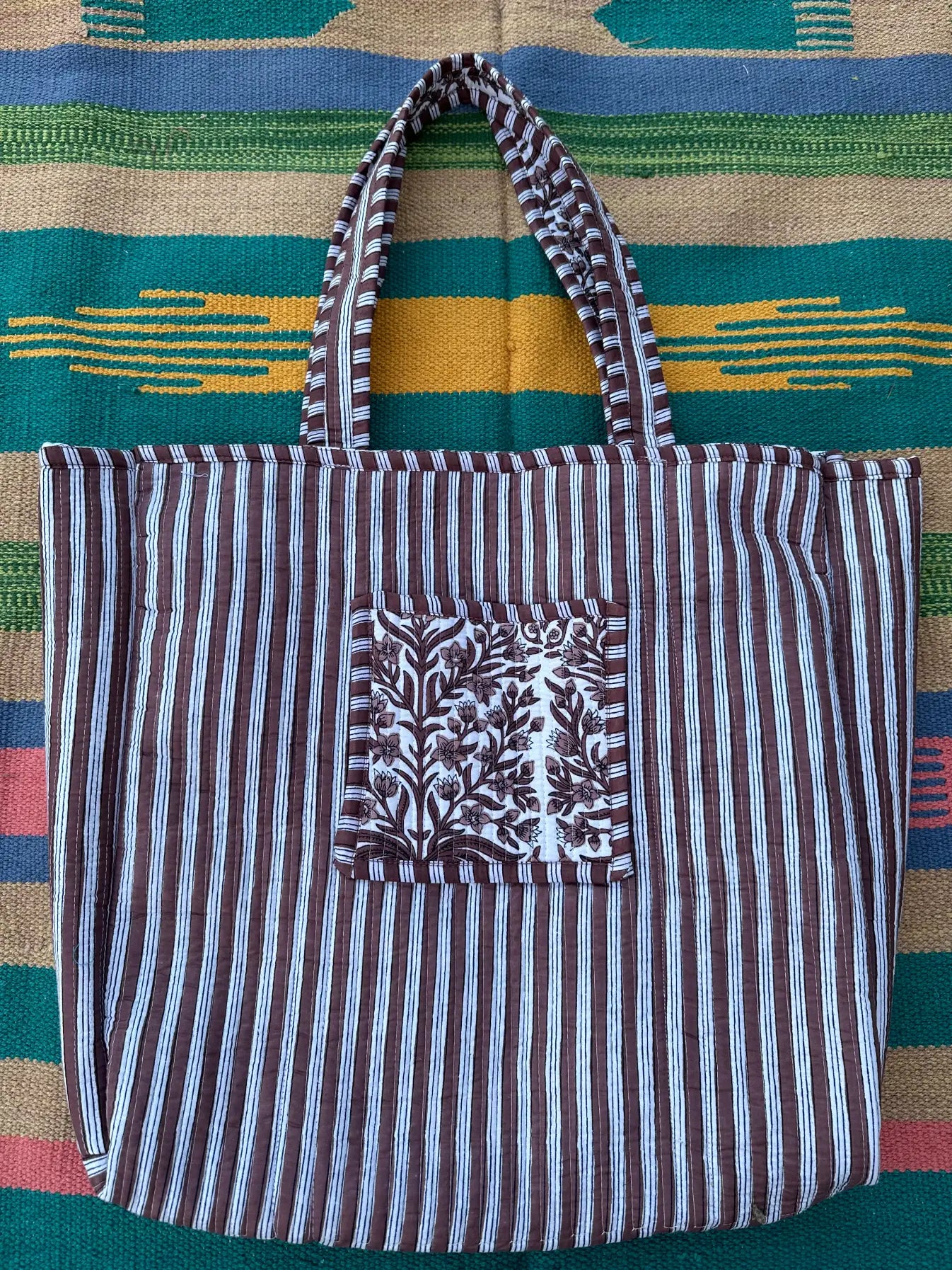 Quilted Cotton Extra Large Tote Bag, Reversible Weekender Shoulder Bag, Eco Friendly Sturdy Grocery Shopping Vibrant Brown White