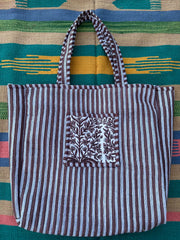 Quilted Cotton Extra Large Tote Bag, Reversible Weekender Shoulder Bag, Eco Friendly Sturdy Grocery Shopping Vibrant Brown White