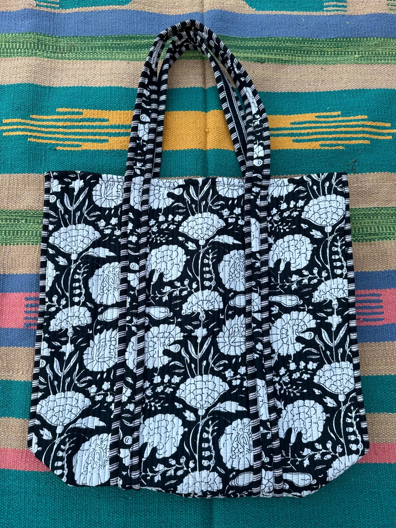 Quilted Cotton Extra Large Tote Bag, Reversible Weekender Shoulder Bag, Eco Friendly Sturdy Grocery Shopping Deep Black White