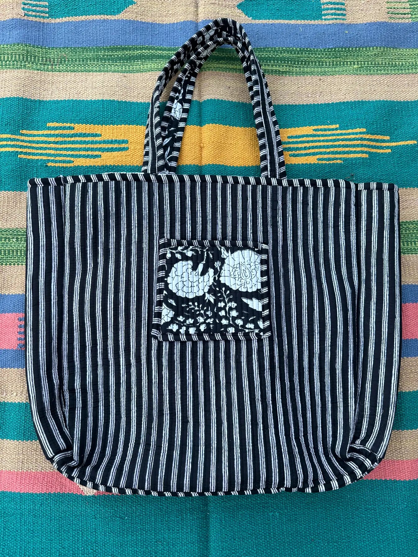 Quilted Cotton Extra Large Tote Bag, Reversible Weekender Shoulder Bag, Eco Friendly Sturdy Grocery Shopping Deep Black White