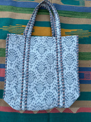 Quilted Cotton Extra Large Tote Bag, Reversible Weekender Shoulder Bag, Eco Friendly Sturdy Grocery Shopping White Gray Motif