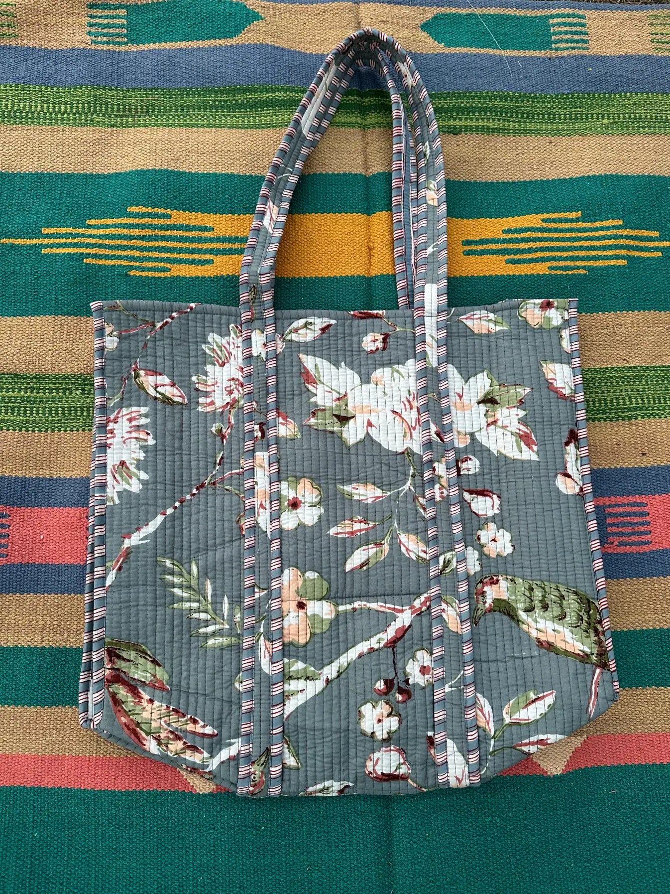 Quilted Cotton Extra Large Tote Bag, Reversible Weekender Shoulder Bag, Eco Friendly Sturdy Grocery Shopping White Gray Floral