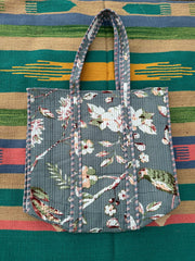 Quilted Cotton Extra Large Tote Bag, Reversible Weekender Shoulder Bag, Eco Friendly Sturdy Grocery Shopping White Gray Floral