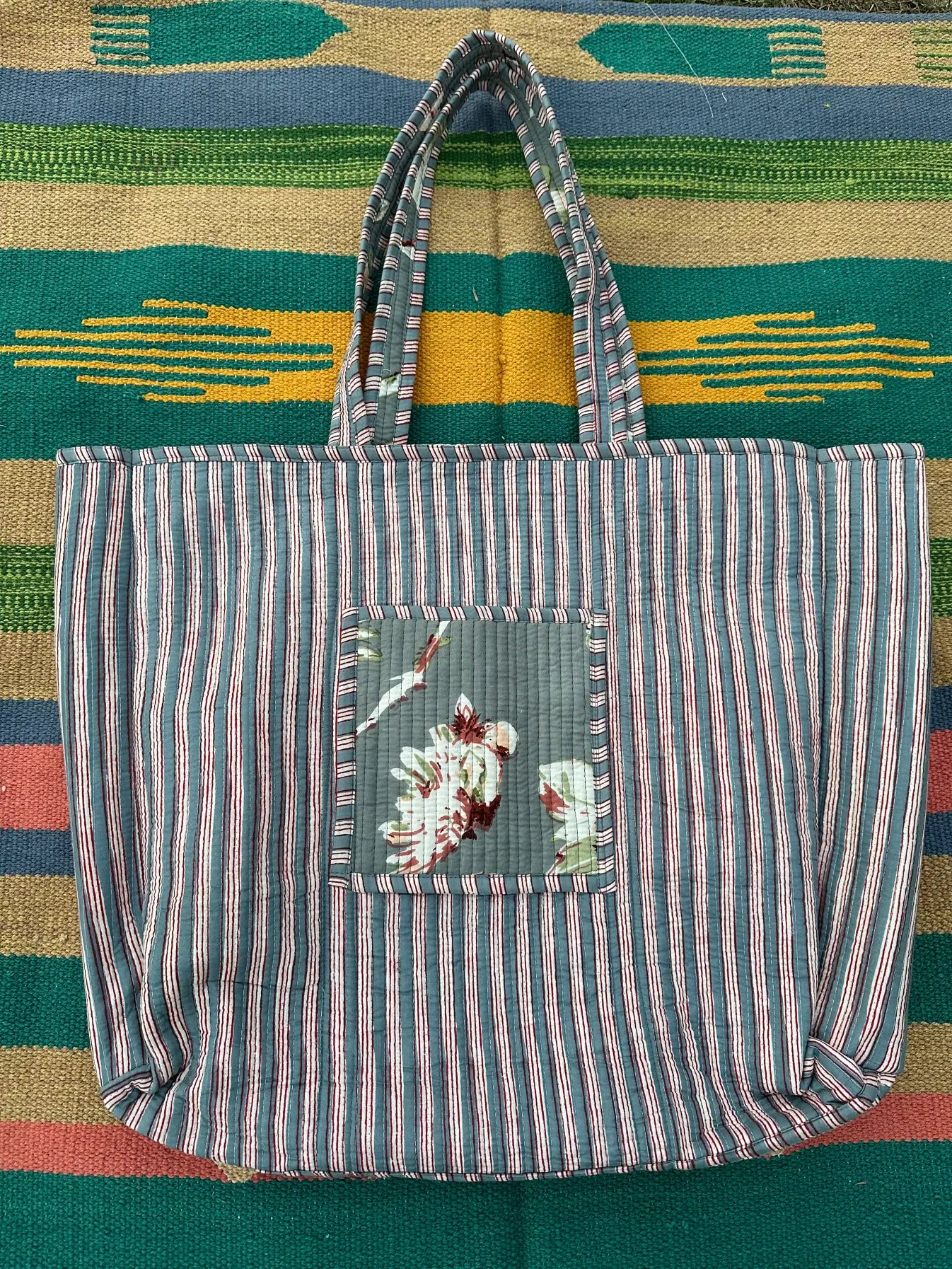 Quilted Cotton Extra Large Tote Bag, Reversible Weekender Shoulder Bag, Eco Friendly Sturdy Grocery Shopping White Gray Floral