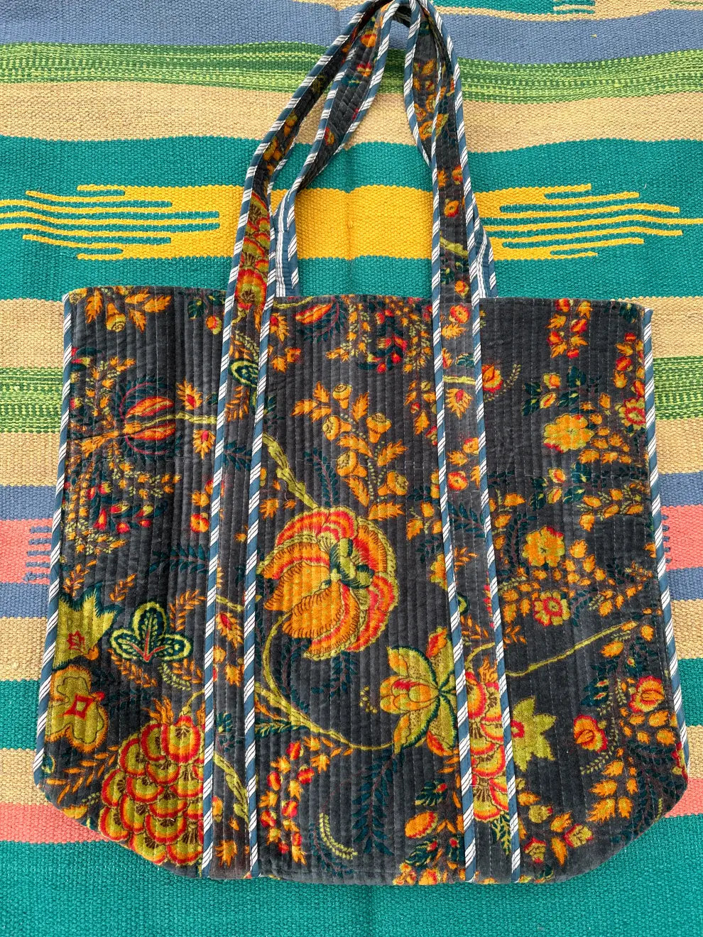 Boho Tote Bag Large Reversible Quilted Velvet Cotton | Beach Weekend Bag Eco friendly Sustainable Sturdy Grocery Shopping Ochre