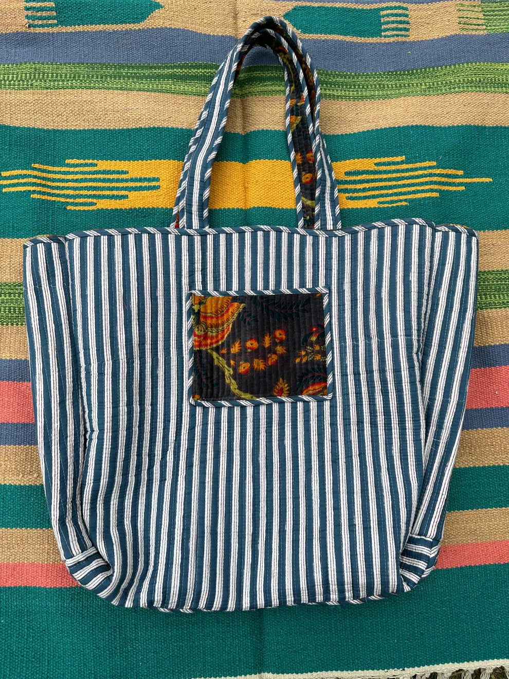 Boho Tote Bag Large Reversible Quilted Velvet Cotton | Beach Weekend Bag Eco friendly Sustainable Sturdy Grocery Shopping Ochre