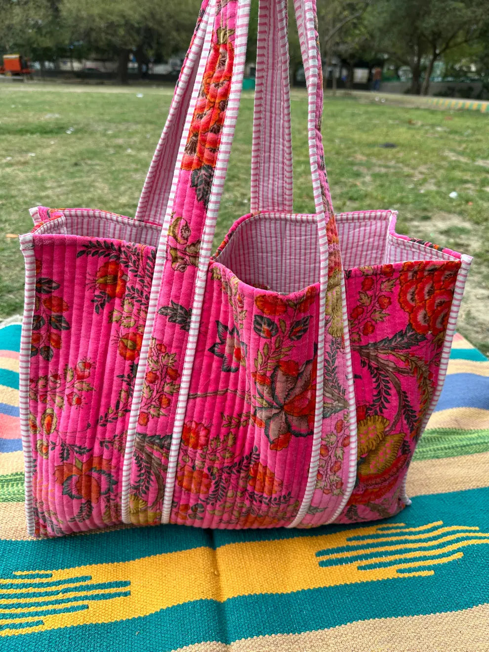 Boho Tote Bag Large Reversible Quilted Velvet Cotton | Beach Weekend Bag Eco friendly Sustainable Sturdy Grocery Shopping Ochre