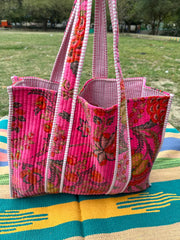 Boho Tote Bag Large Reversible Quilted Velvet Cotton | Beach Weekend Bag Eco friendly Sustainable Sturdy Grocery Shopping Ochre