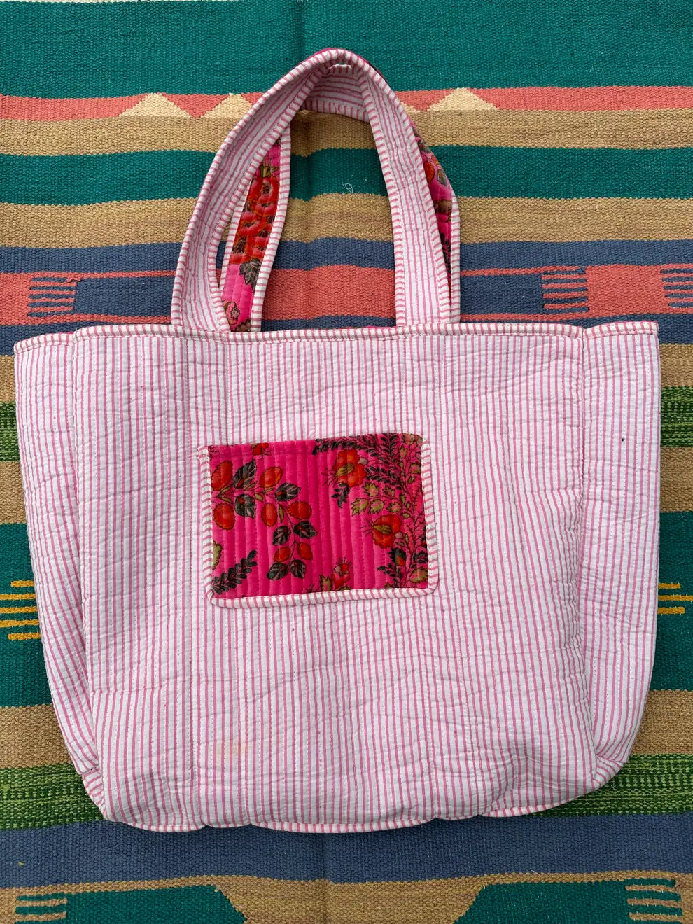 Boho Tote Bag Large Reversible Quilted Velvet Cotton | Beach Weekend Bag Eco friendly Sustainable Sturdy Grocery Shopping Ochre