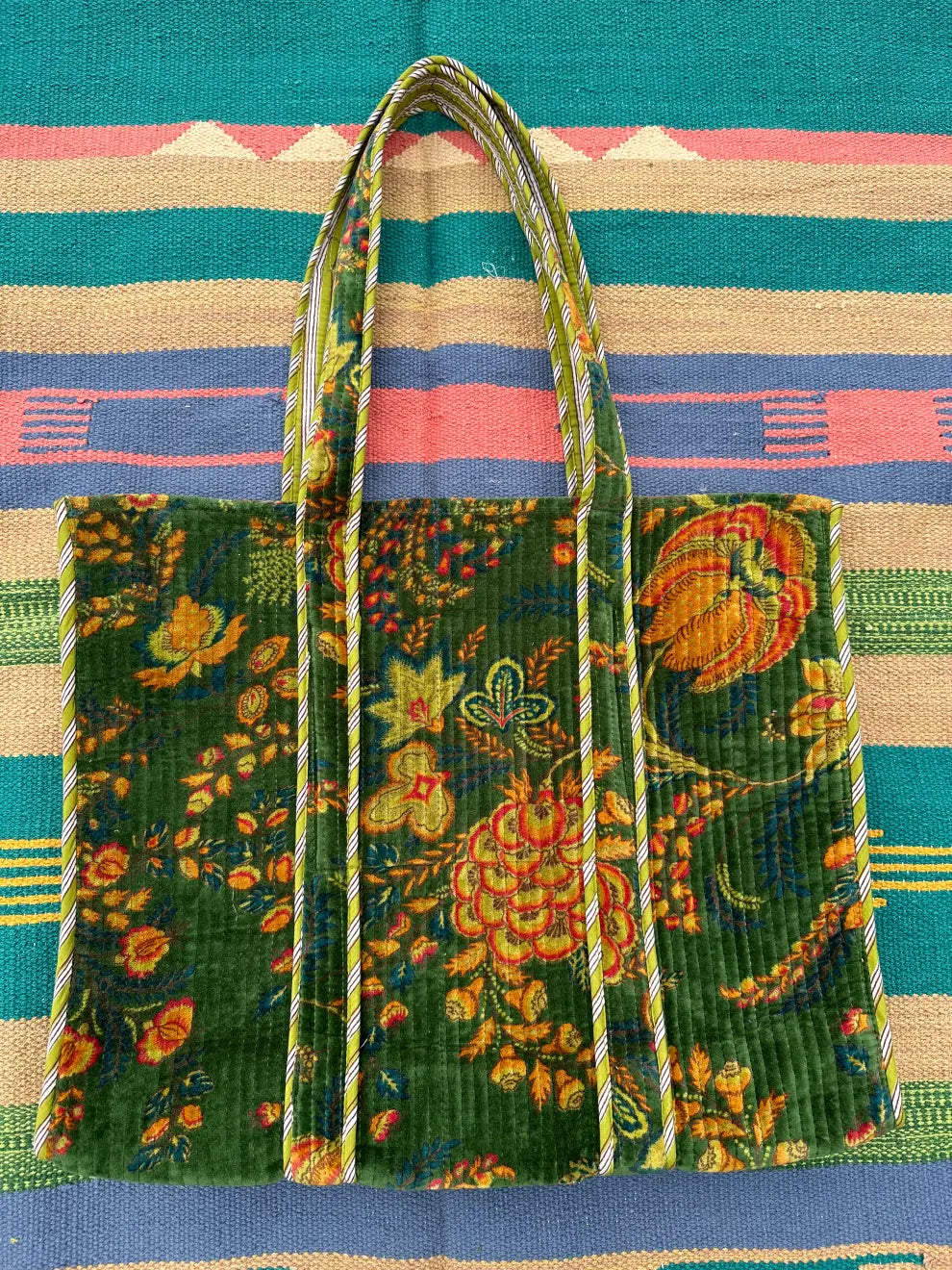 Boho Tote Bag Large Reversible Quilted Velvet Cotton | Beach Weekend Bag Eco friendly Sustainable Sturdy Grocery Shopping Ochre