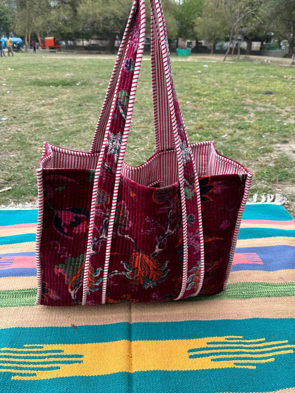 Boho Tote Bag Large Reversible Quilted Velvet Cotton | Beach Weekend Bag Eco friendly Sustainable Sturdy Grocery Shopping Ochre