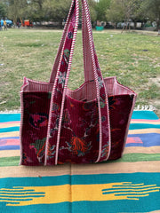 Boho Tote Bag Large Reversible Quilted Velvet Cotton | Beach Weekend Bag Eco friendly Sustainable Sturdy Grocery Shopping Ochre