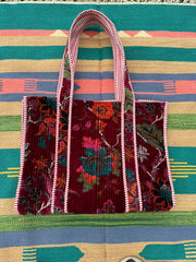 Boho Tote Bag Large Reversible Quilted Velvet Cotton | Beach Weekend Bag Eco friendly Sustainable Sturdy Grocery Shopping Ochre